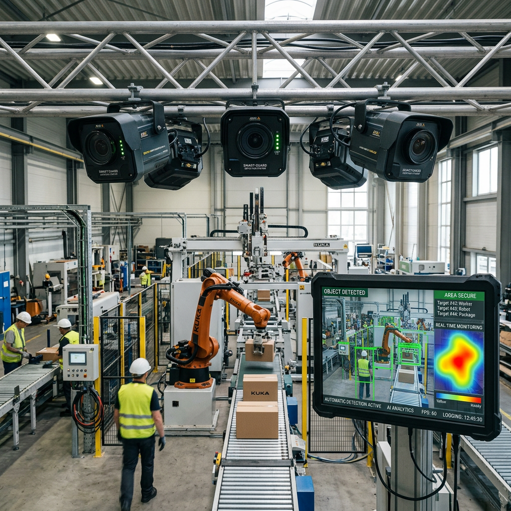 Surveillance cameras and robotic arms monitoring an automated factory floor with workers and AI analytics on a display screen