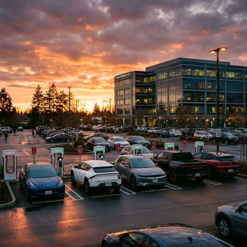 Multiple electric vehicles parked and charging at charging stations in a lot