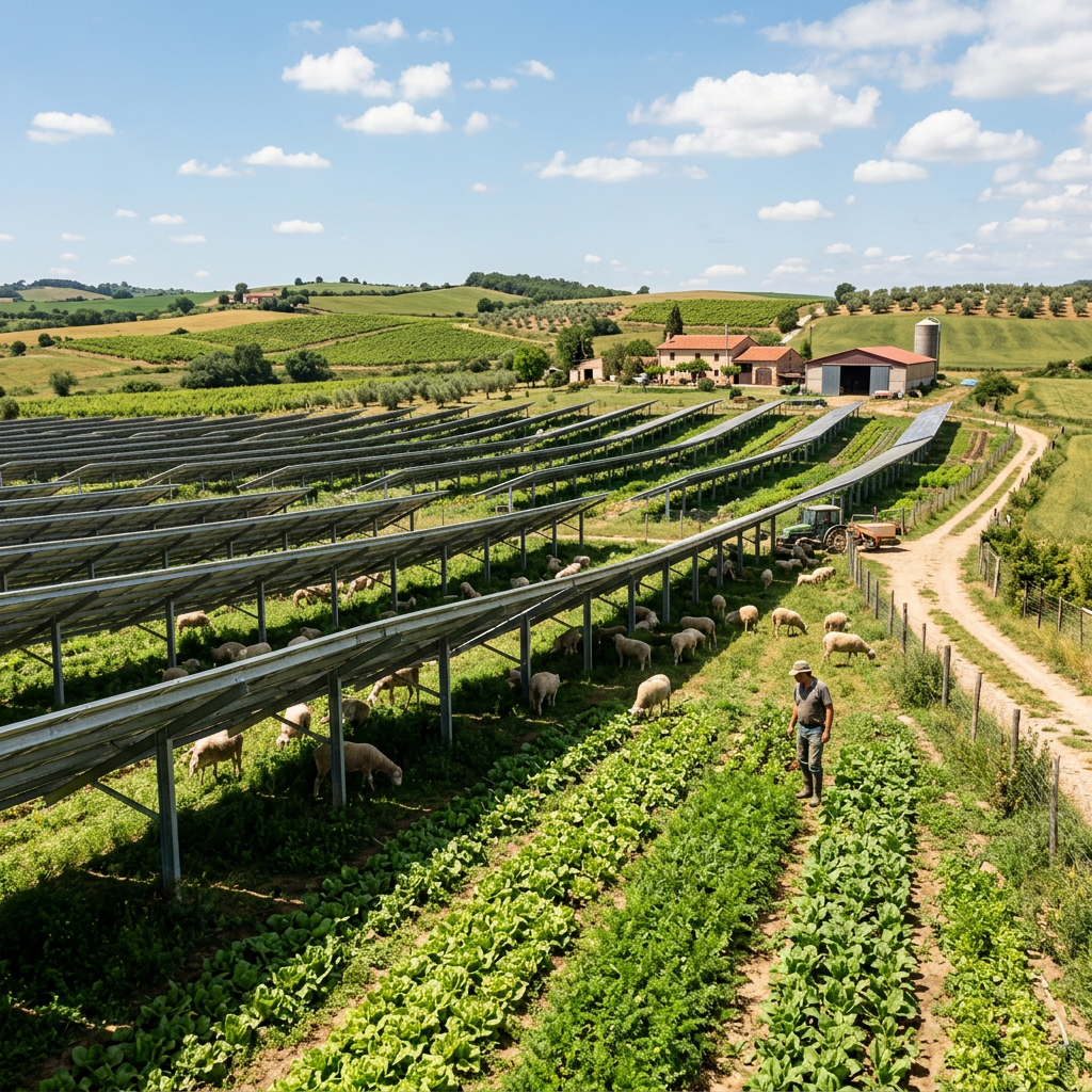 Solar panels installed over green crops with sheep grazing underneath and a farmer standing nearby on a sustainable farm.