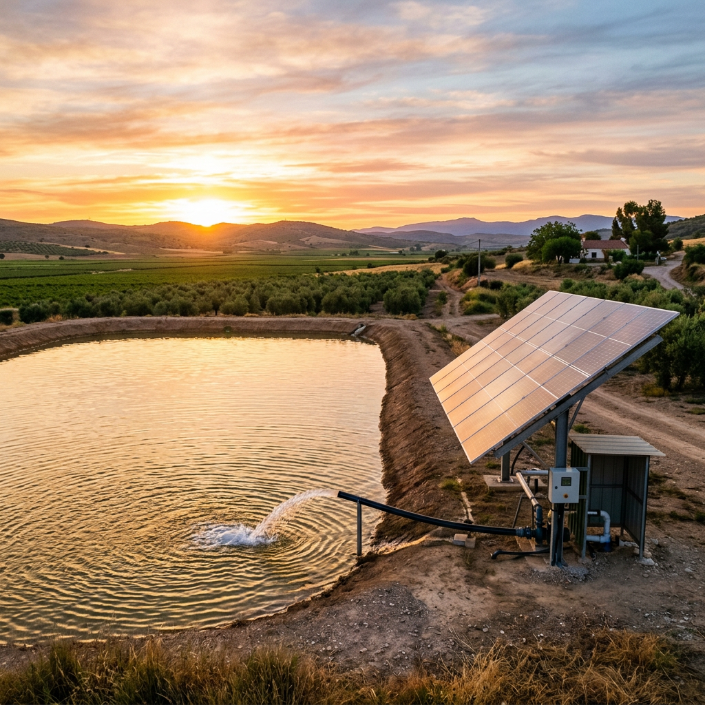 Solar panel powering water pump flowing into a pond in farmland at sunset