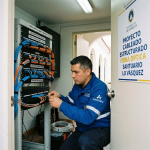 Technician connecting fiber optic cables on a network rack labeled for Santuario Lo Vásquez